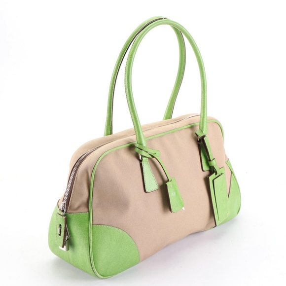 Prada Bowler Bag in Tan Canvas and Green Leather Trim - Picture 2 of 6